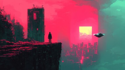 Pixel art game asset character standing on cliff edge overlooking a futuristic cityscape and a bright yellow glowing window in the distance behind the city with a flying ship on the right side .