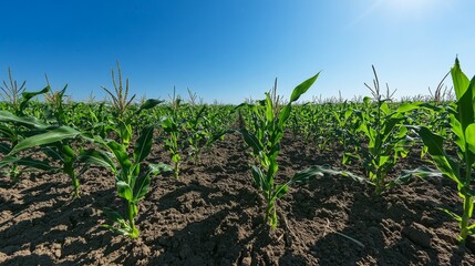 Obraz premium Lush Green Corn Plants Growing in a Field Under a Blue Sky