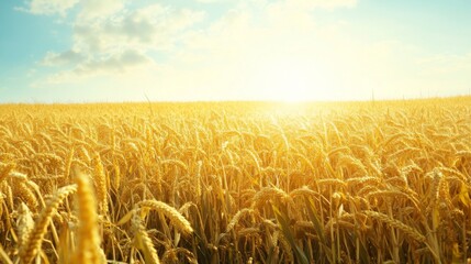 Naklejka premium Golden Wheat Field Under a Blue Sky With Bright Sunlight