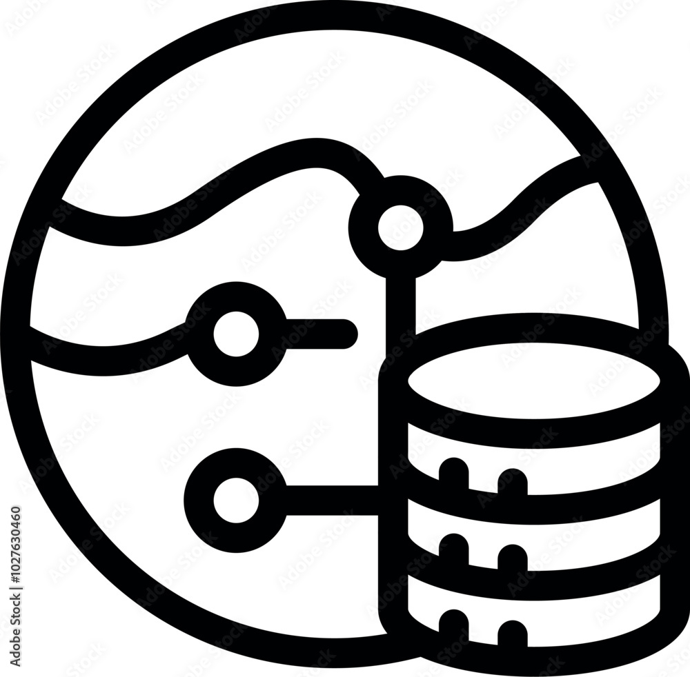 Poster bold, thick lined icon of a globe with a network connecting to a server, representing global connect