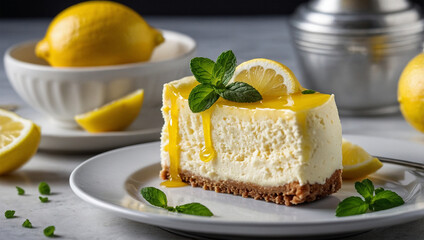 Lemon-flavored cheesecake with a zesty lemon topping, placed on a white plate with a garnish of lemon zest and mint leaves.