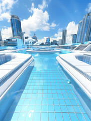 Obraz premium A futuristic cityscape featuring a bright blue pool and modern architecture under a clear sky.