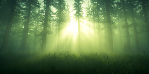 Obraz premium Sunlight Filtering Through Misty Forest Trees