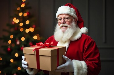 Santa Claus holding a gift in his hands, half-length portrait, high detail, evening photo, against the background of a Christmas tree