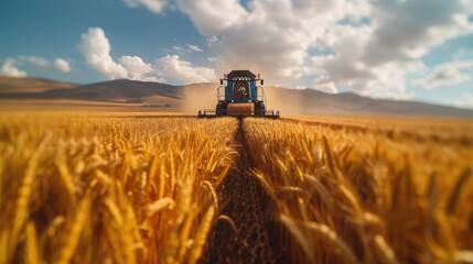 Fototapeta premium Golden fields at harvest time: a farmer operating a combine harvester under a brilliant sky. Generative AI