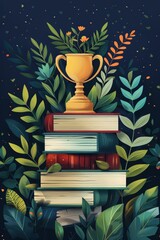 A colorful illustration of books stacked with a trophy on top, surrounded by lush green leaves and delicate flowers against a dark background.