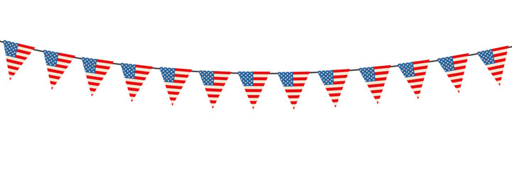 Obraz premium USA flag bunting garland of triangular flags isolated on white background.
