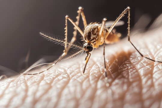 Macro shot of a mosquito feeding on human skin, highlighting the insect's detailed anatomy and behavior during the bite.