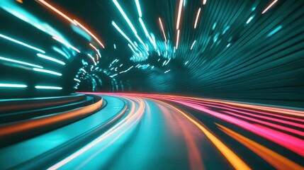Fototapeta premium A vibrant, abstract representation of motion with colorful light trails, suggesting speed and dynamic energy in a dark tunnel-like setting.