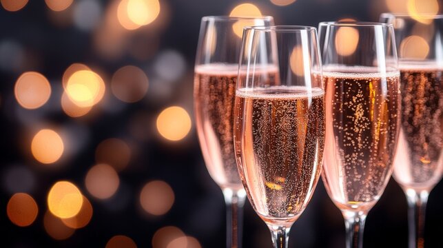close-up view of pink rose champagne glasses, set against a backdrop of bokeh lights