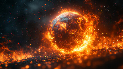 burning planet Earth in space, set against a bright blue backdrop. This powerful visual symbolizes...