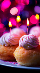 Colorful cupcakes with frosting and candles, set against a vibrant, blurred background.