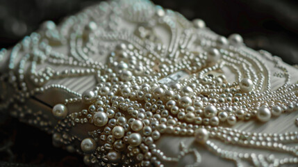 Elegant Close-Up of Luxurious Pearl-Embellished Fabric with Intricate Beadwork and Textured Patterns