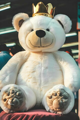 A large, plush white teddy bear wearing a golden crown, sitting in a vibrant environment.