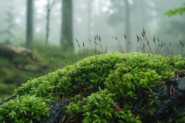 Fototapeta premium A serene forest floor covered in lush green moss, bathed in soft mist, creating a peaceful and magical woodland atmosphere.