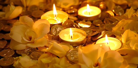 A serene arrangement of candles, flowers, and coins, creating a calming atmosphere.
