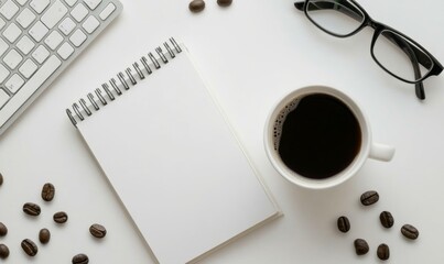 Office desk with a white table featuring a blank notebook computer supplies and a coffee cup Top view with space for text Flat lay composition