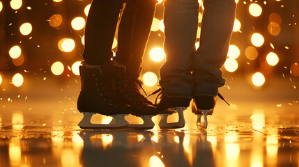 Two pairs of ice skates on a frozen surface with a warm, glowing background.