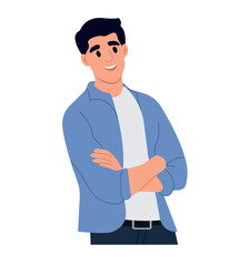 Young ambitious worker standing with crossed arms. Vector flat illustration isolated on white background