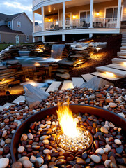 A serene outdoor space featuring a fire pit, water feature, and landscaped stones.