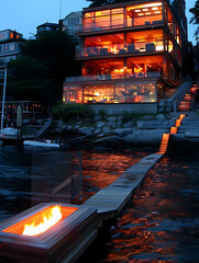 A modern lakeside building illuminated at night with a pathway leading to the water.