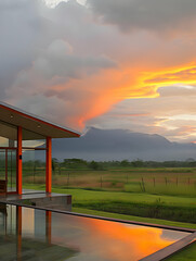 Sunset view of a modern house with a reflective pool and mountains in the background.