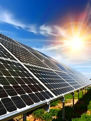 Solar panels harnessing sunlight in a clear blue sky, promoting renewable energy.