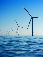 Wind turbines on a calm ocean, harnessing renewable energy under a clear blue sky.