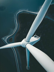 Aerial view of a wind turbine overlooking a winding road and water body.