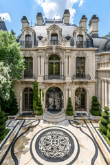 Elegant mansion with intricate architecture and landscaped gardens.