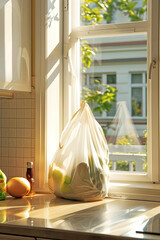 A bag of groceries sits by a sunlit kitchen window, showcasing a cozy home environment.