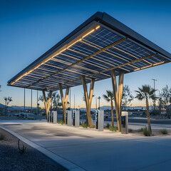 Modern solar-powered charging station with sleek design and multiple charging points.