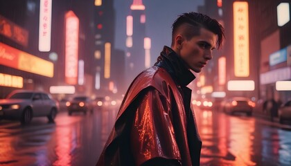 Obraz premium Young male model posing for a photo against an urban backdrop, showcasing modern streetwear fashion with a trendy and casual vibe