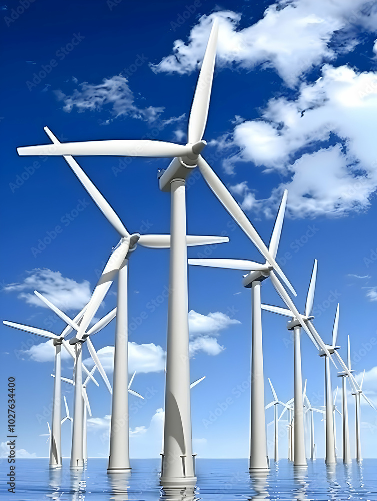 Wall mural a series of wind turbines in a body of water under a blue sky with clouds.