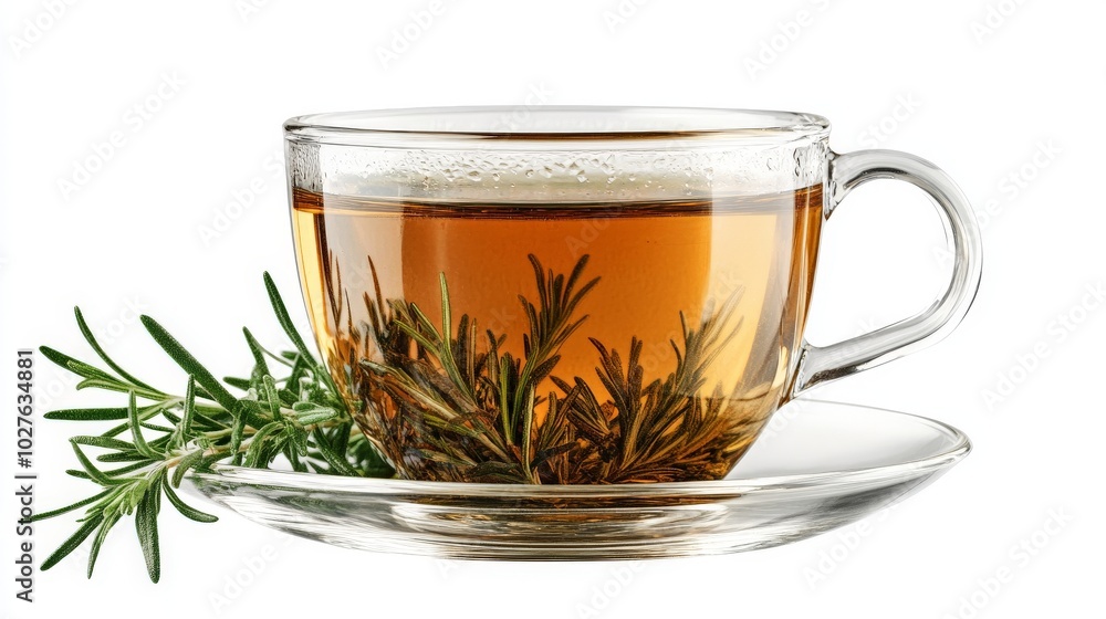 Wall mural glass cup of hot rosemary tea white background