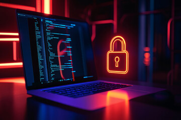 Cyber Security: A Neon Lock Symbol on a Laptop