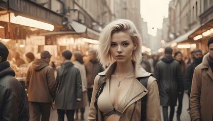 Obraz premium Young woman posing for photos in a futuristic city, showcasing avant-garde fashion with innovative designs and a bold aesthetic.