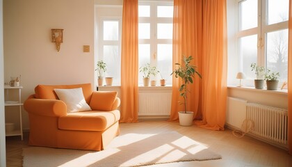 Bright room accented with orange decor, creating a cheerful and inviting atmosphere filled with warmth and energy.