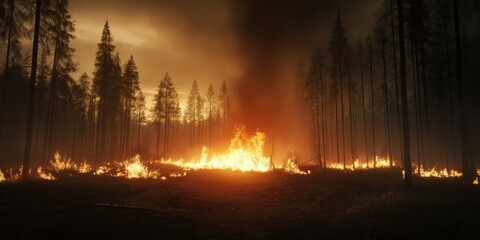 Tall flames rage through a dense forest under a stormy sky, with swirling smoke creating an intense, dramatic scene, highlighting nature's destructive power and renewal.