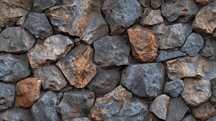 Fototapeta premium A close-up of a rustic stone wall with a mix of gray and brown stones.