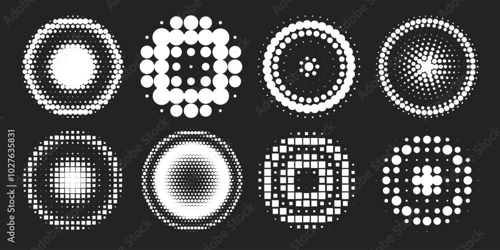 Poster various geometric patterns created with white dots