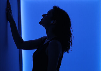 Futuristic Silhouette of Person Wearing Wireless Earbuds in Dramatic Blue Lighting with Abstract Artistic Pose