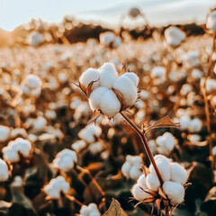 Close-up of a cotton boll on a plant stem surrounded by a blurred background of a cotton field