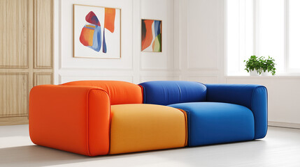 Lively Modern Living Room with Oversized Orange Sofa and Abstract Art against White Walls