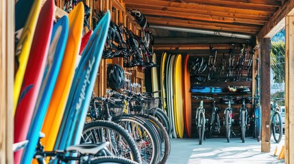 A sports equipment rental shop with bikes, skis, and surfboards on display.