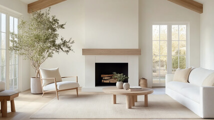 Naklejka premium A serene living room featuring cozy white sofa, stylish armchair, and wooden coffee table. Natural light floods space, highlighting minimalist decor and greenery, creating calming atmosphere