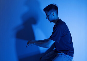 Futuristic Silhouette of Person Wearing Wireless Earbuds in Dramatic Blue Lighting with Abstract Artistic Pose