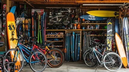 A sports equipment rental shop with bikes, skis, and surfboards on display.