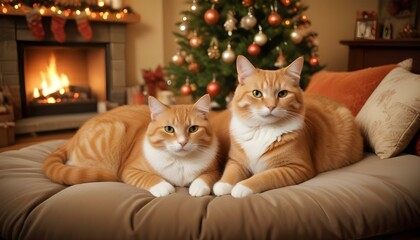 Cats sitting on a cushion by the fireplace in a festive Christmas setting, surrounded by holiday decorations, creating a cozy and heartwarming atmosphere