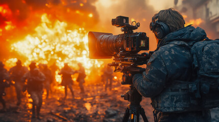 Brave cameraman filming intense scenes of flames and chaos in a conflict zone
